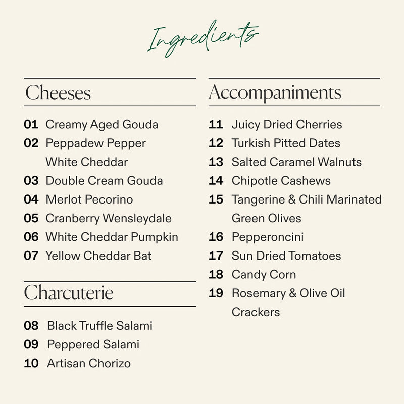 An ingredients list graphic on a light beige background with a teal 'Ingredients' heading. The text is organized into three sections: 'Cheeses', 'Accompaniments', and 'Charcuterie'.