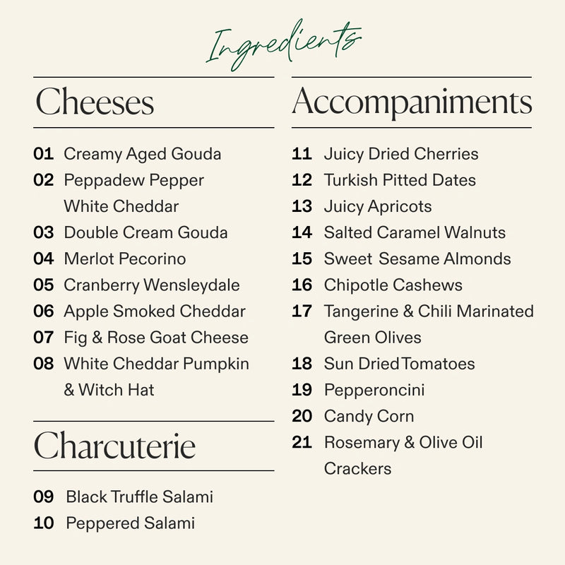 An ingredients list graphic titled 'Ingredienti' on a light beige background, with sections for Cheeses, Accompaniments, and Charcuterie in dark gray text.