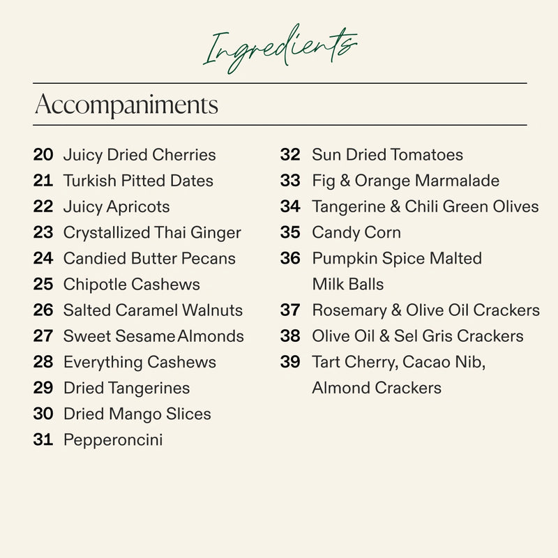 A printed ingredients list titled 'Ingredients' with the subheading 'Accompaniments' on a light beige background. The list includes items such as Juicy Dried Cherries, Turkish Pitted Dates, Fig & Orange Marmalade, Sun Dried Tomatoes, and Rosemary & Olive Oil Crackers, numbered 20 through 39.