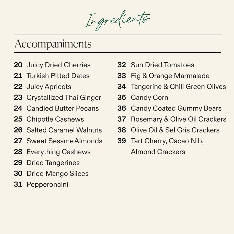 A beige ingredients list titled 'Ingredients' with a subtitle 'Accompaniments' and 31 listed food items in two columns, including dried cherries, dates, ginger, cashews, walnuts, almonds, mango slices, pepperconcini, sun dried tomatoes, figs, green olives, candy corn, gummy bears, and crackers.