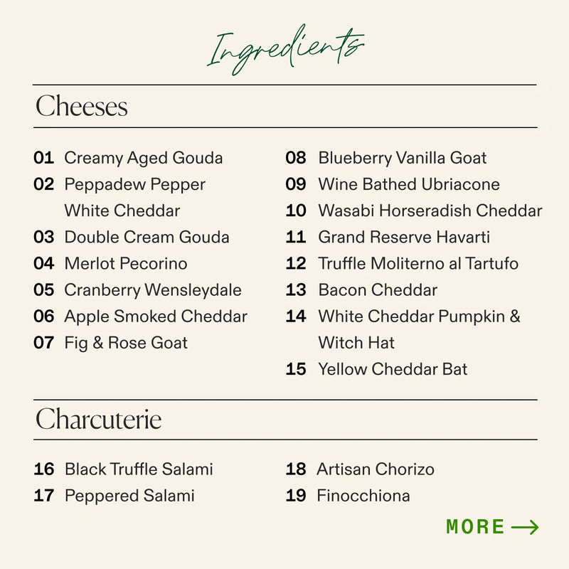 An ingredients list graphic on a warm beige background, with the heading 'Ingredients' in teal script. Under the 'Cheeses' section are numbered cheese options such as Creamy Aged Gouda, Peppadew Pepper White Cheddar, Double Cream Gouda, Merlot Pecorino, Apple Smoked Cheddar, Fig & Rose Goat, Blueberry Vanilla Goat, Wine Bathed Ubriacone, Wasabi Horseradish Cheddar, Grand Reserve Havarti, Truffle Moliterno al Tartufo, White Cheddar Pumpkin & Witch Hat, and Yellow Cheddar Bat.