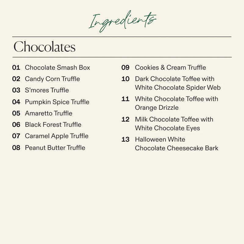 An ingredient list for the Large Halloween Boarderie Dessert Board detailing the chocolates included like the caramel apple truffle and the Halloween white chocolate cheesecake bark