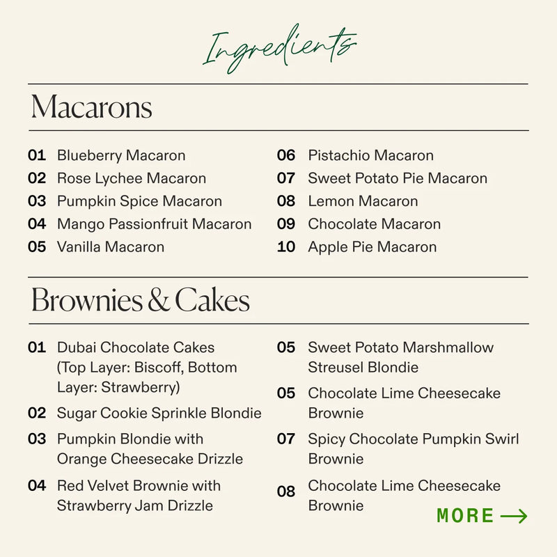 An ingredient list for the Large Halloween Boarderie Dessert Board detailing macarons, brownies, & cakes