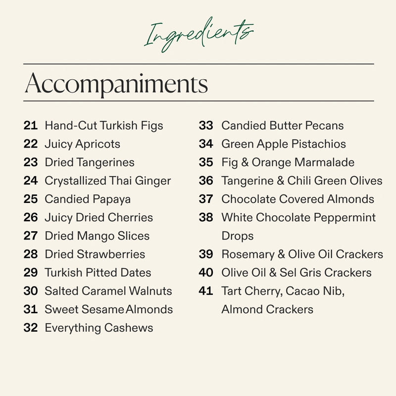 A beige ingredients list graphic titled 'Accompaniments' for the Boarderie Happy Holidays All Cheese Board with a teal script 'Ingredients' at the top and a numbered list of 41 snack and appetizer pairings in black text.