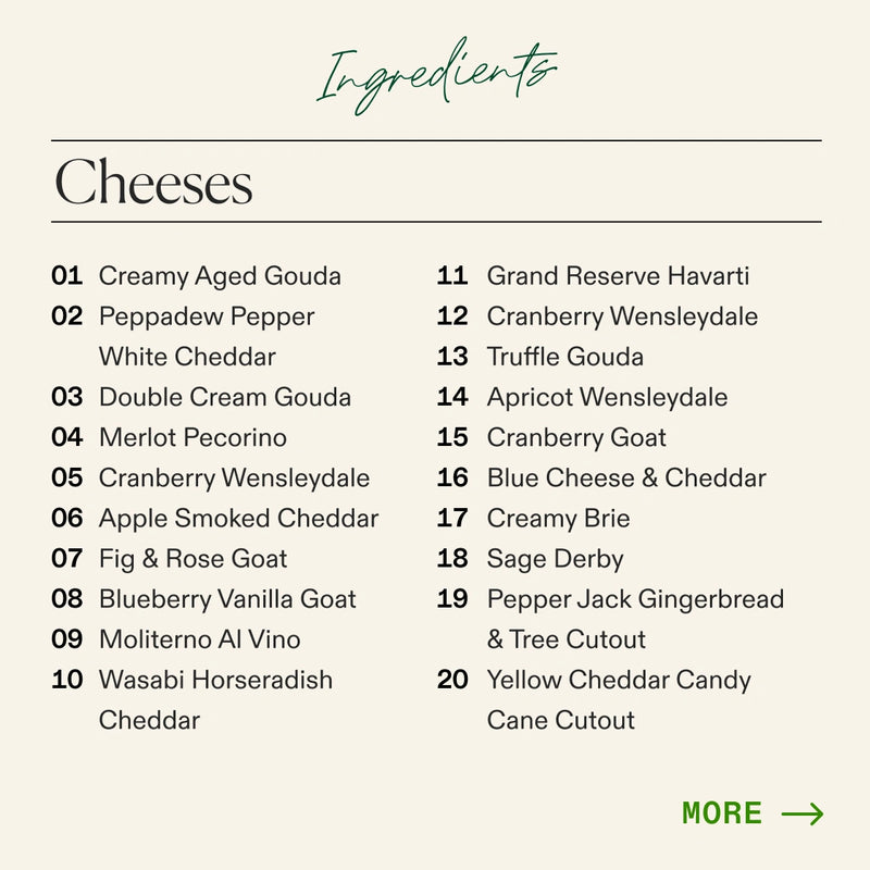 A clean ingredients list titled 'Cheeses' for the Boarderie Happy Holidays All Cheese Large Board on a light beige background, with 20 cheese varieties listed in two columns and a green 'MORE →' link at the bottom right.