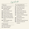 An ingredients list graphic for the Boarderie Happy Holidays Medium Cheese & Charcuterie Board on a light beige background with the heading 'Ingredients' in teal script. The layout organizes food items into three sections: 'Cheeses', 'Accompaniments', and 'Charcuterie' (two types of salami).