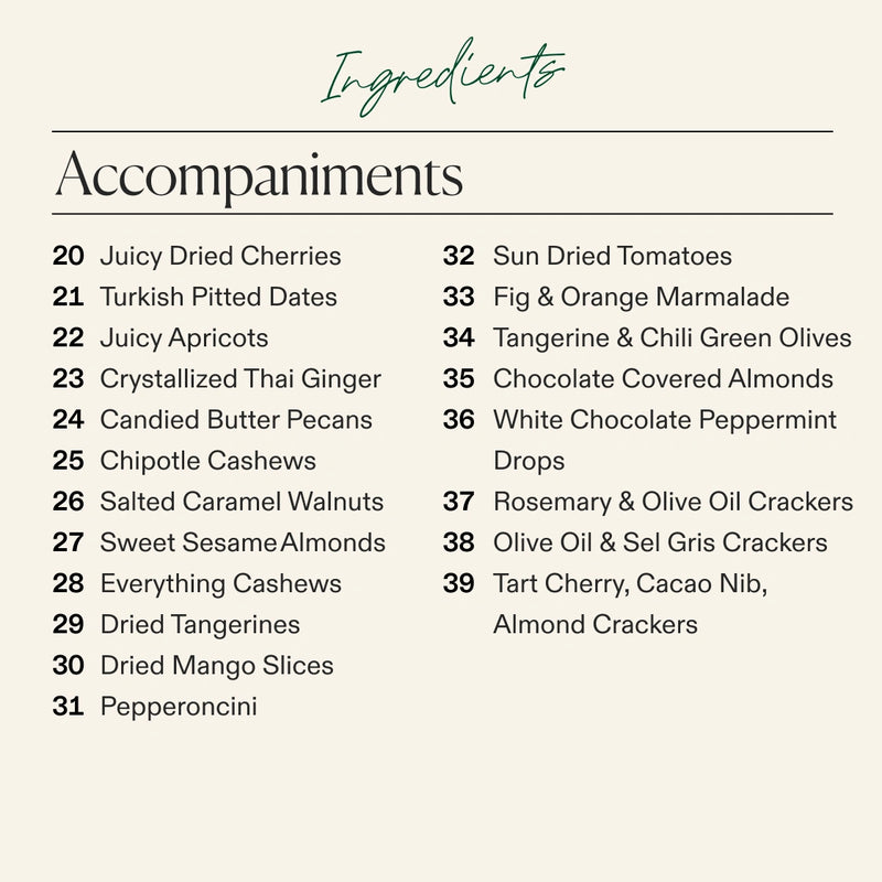 A beige ingredient list graphic titled 'Accompaniments' for the Boarderie Happy Holidays Cheese & Charcuterie Board with a green 'Ingredients' header. The list includes items such as juicy dried cherries, Turkish pitted dates, crystallized Thai ginger, candied butter pecans, chipotle cashews, sun dried tomatoes, fig and orange marmalade, tangerine and chili green olives, chocolate covered almonds. 