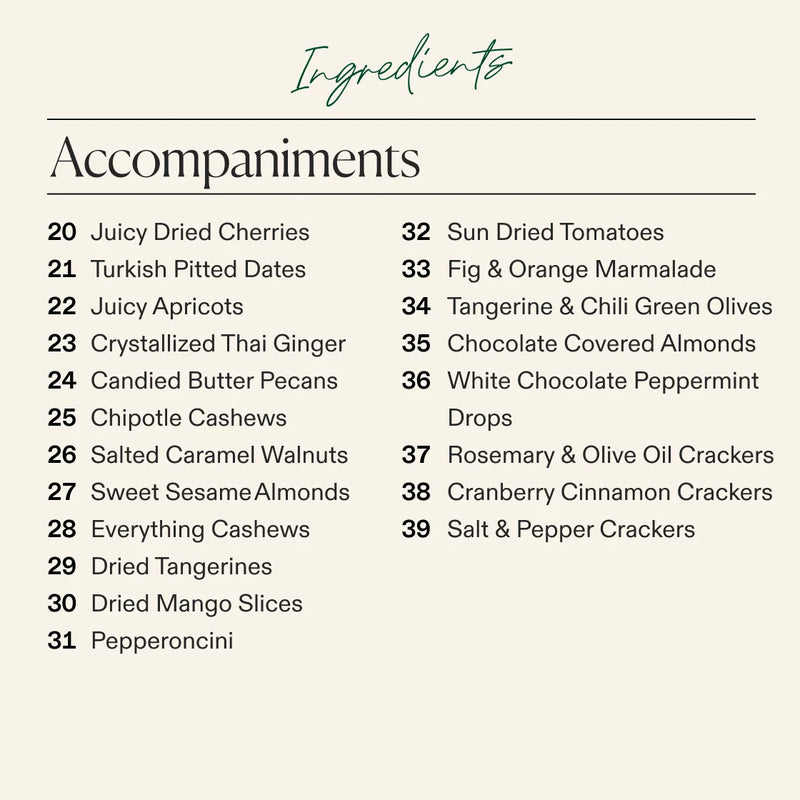 Extended accompaniments list for large Happy Holidays board featuring dried cherries, apricots, dates, candied pecans, chipotle cashews, olives, marmalade, chocolate treats, and seasonal crackers.
