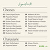 An ingredients list graphic for the Boarderie Happy Holidays Large Cheese & Charcuterie Board showing categories 'Cheeses' and 'Charcuterie' with numbered item names such as Gouda, Merlot Pecorino, and various salamis and charcuterie cuts. The layout is on a warm off-white background with dark gray text and a teal 'Ingredients' heading plus a green 'MORE ->' arrow.