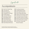 A clean informational graphic with the heading 'Ingredients' and 'Accompaniments' on a light warm beige background, listing 41 kosher-friendly food pairings in two columns. The top heading is in teal script, and the ingredient list is in dark gray text.