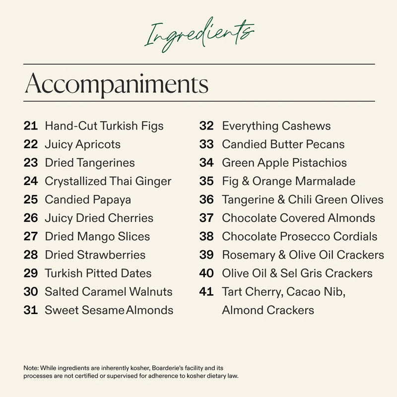 A clean informational graphic with the heading 'Ingredients' and 'Accompaniments' on a light warm beige background, listing 41 kosher-friendly food pairings in two columns. The top heading is in teal script, and the ingredient list is in dark gray text.