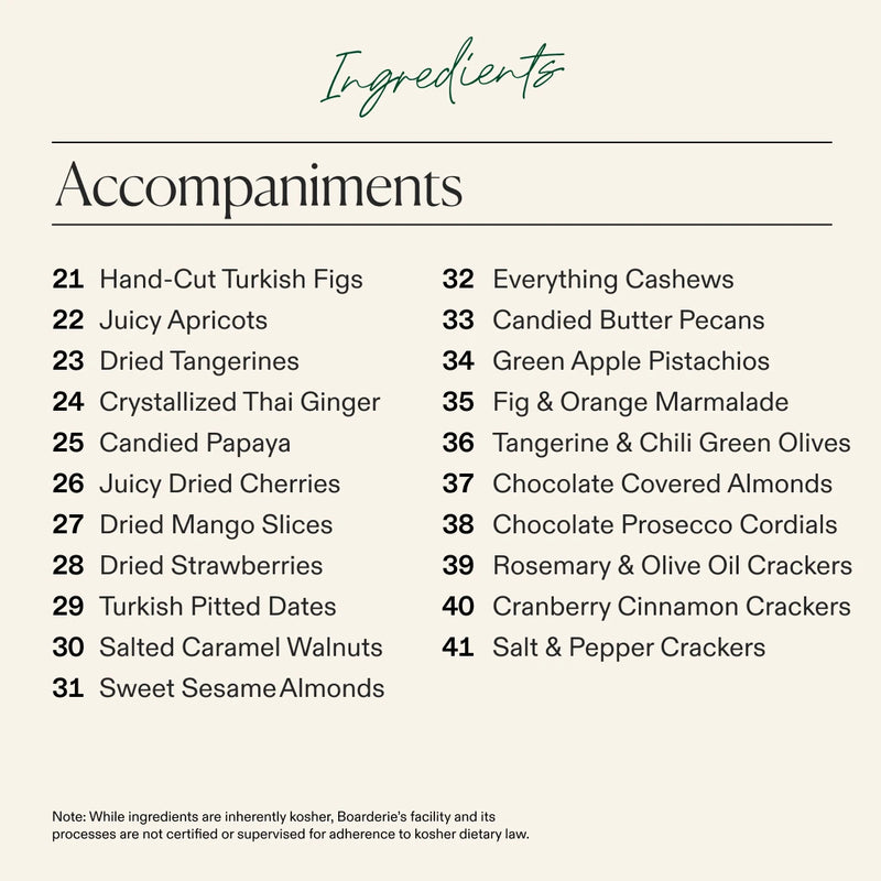 Ingredients list for large cheese board accompaniments including twenty-one items ranging from dried fruits and nuts to flavored crackers and preserves for Jewish holidays.
