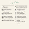 An ingredients list graphic for the Boarderie Jewish Holiday All Cheese board, divided into two columns: 'Cheeses' and 'Accompaniments'. The cheeses listed include creamy aged gouda, pepadew pepper white cheddar, double cream gouda, merlot pecorino, cranberry wensleydale, fig & rose goat cheese, apple smoked cheddar, and white cheddar star cutout.