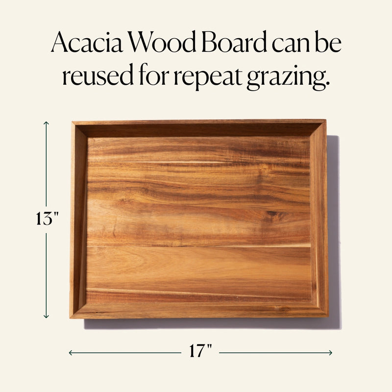 Our large Cheese Boards are shipped on reusable Acacia wood boards for repeatable grazing