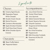 An ingredients list graphic on a light beige background with the heading 'Ingredients' in teal script. The layout lists cheeses, accompaniments, and charcuterie items in black text with numbered options from 1 to 21.