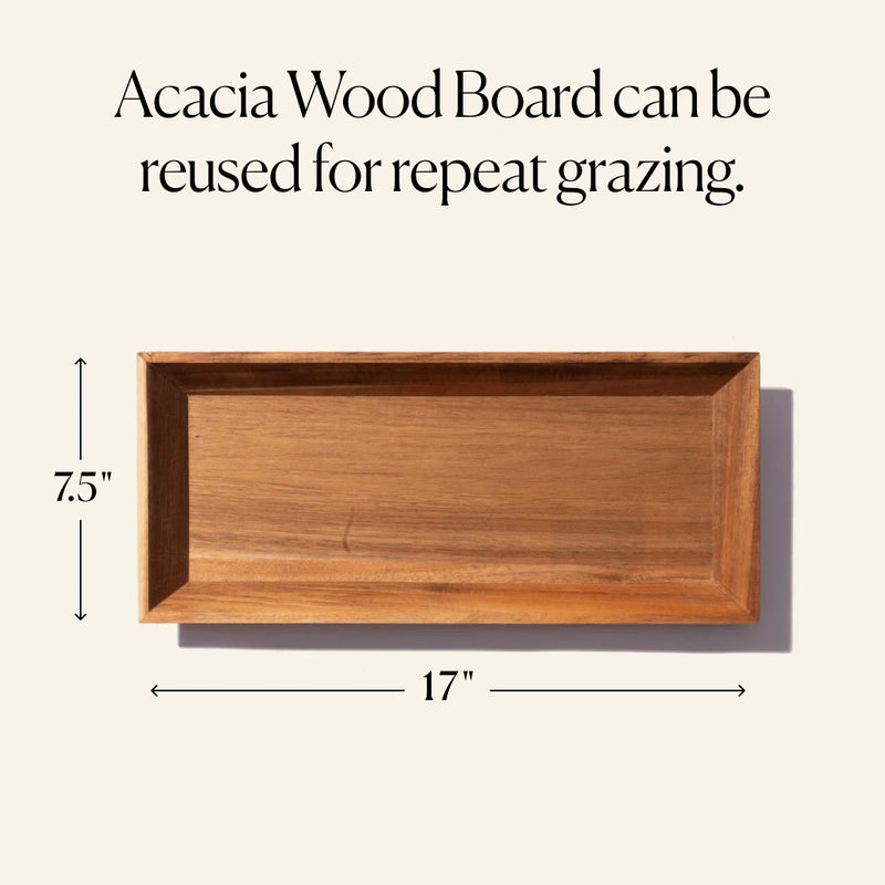Our medium Cheese Boards are shipped on reusable Acacia wood boards for repeatable grazing