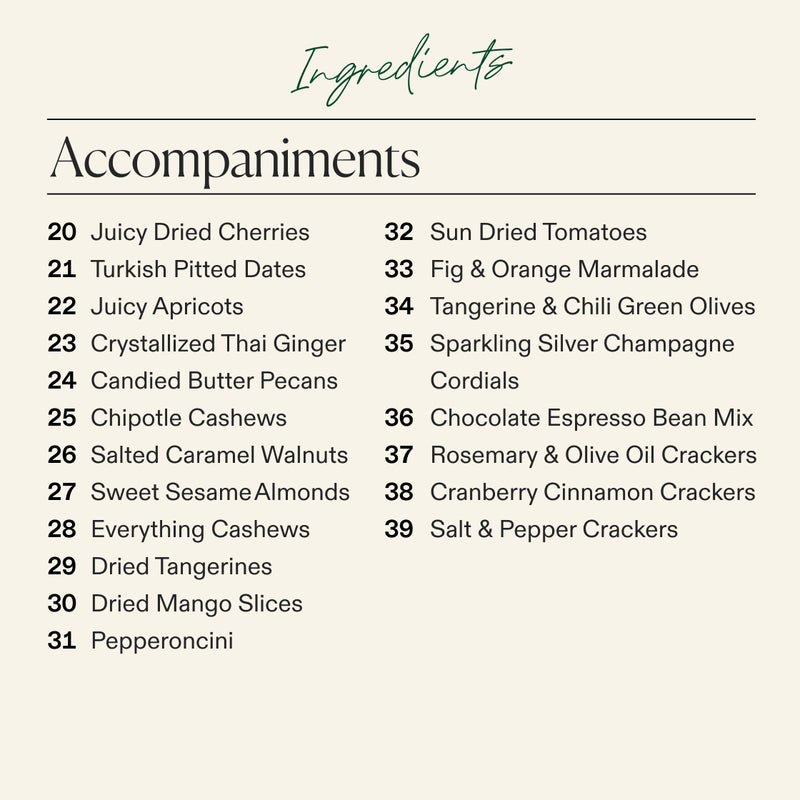 Accompaniments ingredient list for New Years cheese board with dried fruits, nuts, olives, marmalade, crackers, and champagne.