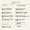 An ingredients list graphic on a light beige background with the heading 'Ingredies' in teal script. The layout is divided into sections for 'Cheeses', 'Accompaniments', and 'Charcuterie' with numbered food items listed in black text.