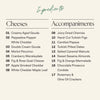 An ingredients list graphic for the Boarderie All Cheese Thanksgiving Cheese Board with the heading 'Ingredients' at the top, divided into two columns: 'Cheeses' and 'Accompaniments'. The cheeses listed include creamy aged gouda, peppadew pepper white cheddar, double cream gouda, merlot pecorino, cranberry wensleydale, fig & rose goat cheese, apple smoked cheddar, and white cheddar maple leaf.
