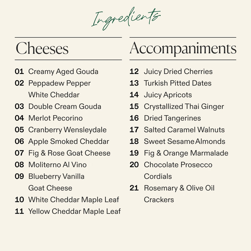 A recipe-style ingredients list for the Boarderie All Cheese Thanksgiving Board on a light beige background, with the heading 'Ingredientes' and two columns titled 'Cheeses' and 'Accompaniments' listing food items by number.