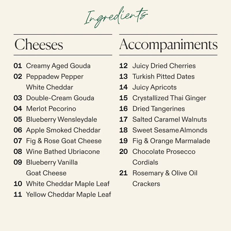 Medium Thanksgiving cheese board ingredients list showing eleven gourmet cheeses and ten seasonal accompaniments including maple leaf cheddar cutouts and chocolate prosecco cordials.