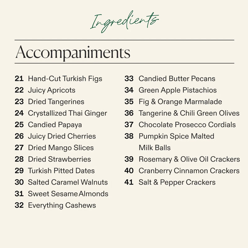 Thanksgiving cheese board accompaniments list showing twenty-one items including dried fruits, nuts, seasonal candies, olives, marmalades, and specialty crackers.
