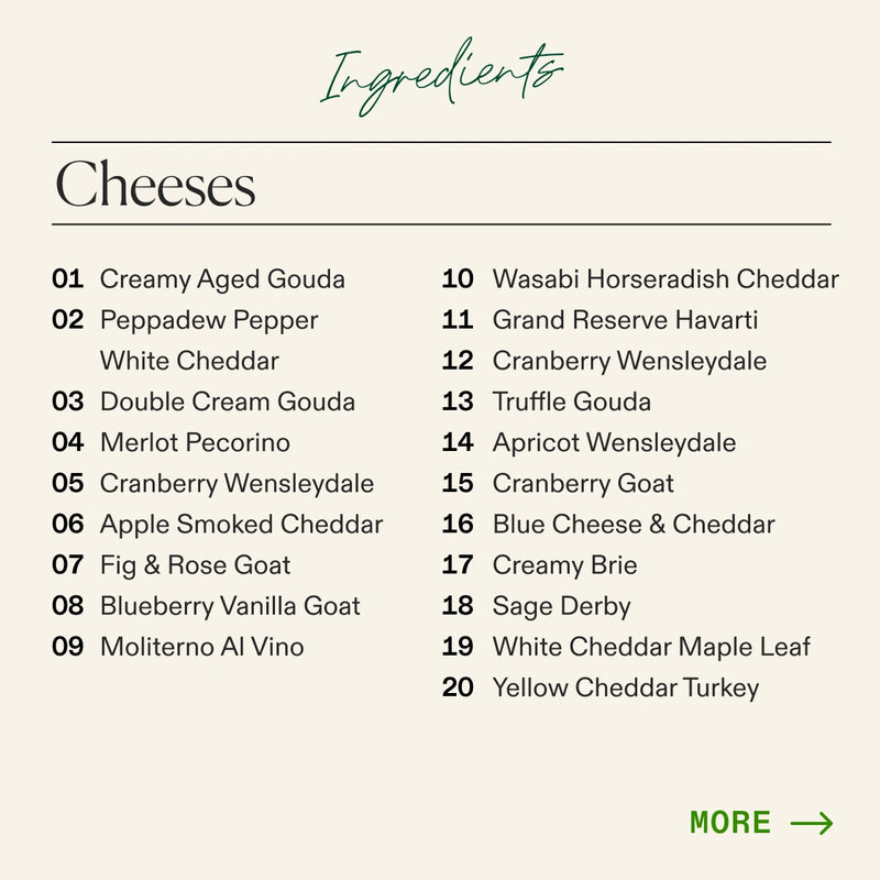 A digital ingredients list for the Boarderie Large All Cheese Thanksgiving Board graphic titled 'Cheeses' with 20 cheddar and gouda cheese varieties, numbered 01 to 20, on a light beige background with green accents.