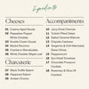 An ingredients list graphic for the Boarderie Cheese & FALLcuterie Board with categories 'Cheeses', 'Accompaniments', and 'Charcuterie' in black text on a light beige background, with 'Ingredients' written at the top in dark teal script.