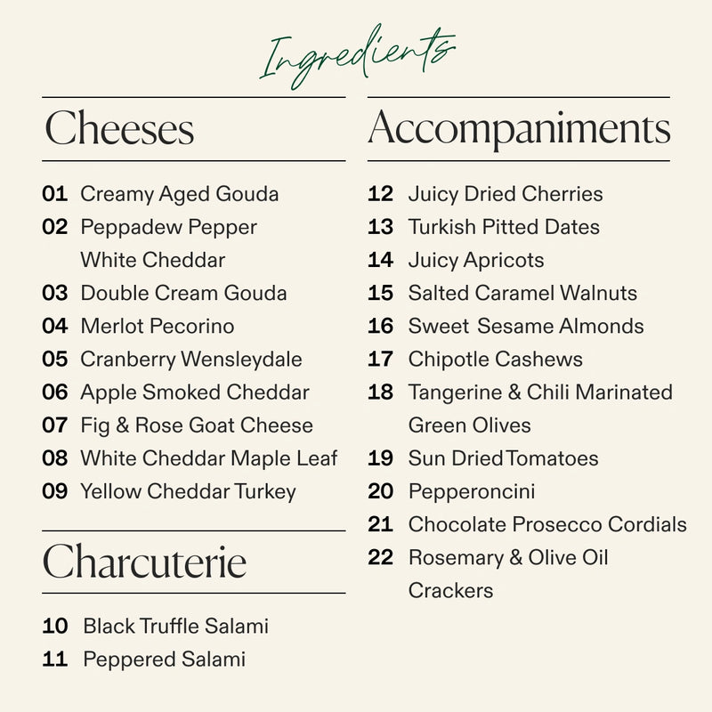 An ingredients list graphic for the Boarderie Medium Cheese & FALLcuterie Board with categories 'Cheeses', 'Accompaniments', and 'Charcuterie' in black text on a light beige background, with 'Ingredients' written at the top in dark teal script.