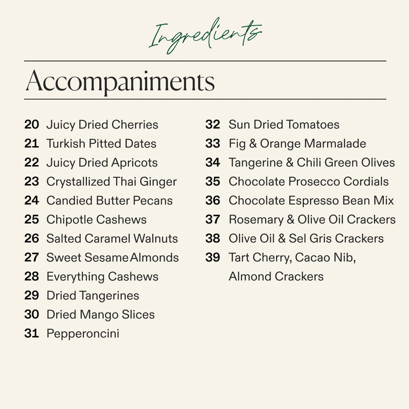 A beige ingredients list titled 'Ingredients' and 'Accompaniments' for the Boarderie Cheese & FALLcuterie Board with food pairings in two columns, including cherries, dates, apricots, ginger, butter pecans, cashews, almonds, mango slices, and crackers.