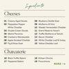An ingredients list graphic for the Boarderie Cheese & FALLcuterie Board, featuring 15 curated cheese options under the heading 'Cheeses' and 4 charcuterie options under 'Charcuterie'. The top has 'Ingredients' written in a teal cursive font.