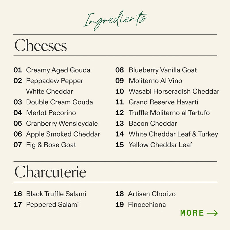 An ingredients list graphic for the Boarderie Cheese & FALLcuterie Board, featuring 15 curated cheese options under the heading 'Cheeses' and 4 charcuterie options under 'Charcuterie'. The top has 'Ingredients' written in a teal cursive font.