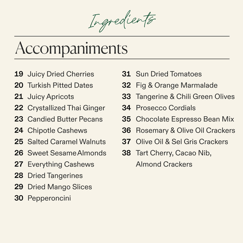 Accompaniments list for the charcuterie board: dried fruits, candied nuts, olives, marmalade, cordials and crackers.