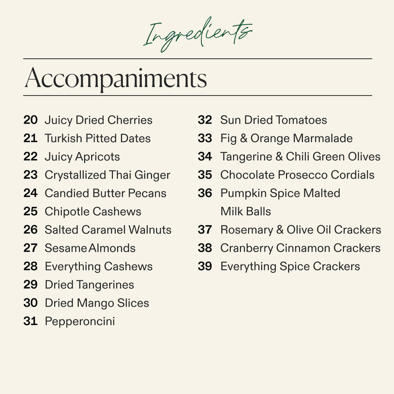Detailed accompaniments list for large Thanksgiving charcuterie board with dried fruits, candied nuts, olives, marmalade, pumpkin spice treats, and autumn-themed crackers.