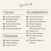 An ingredients of the Boarderie Classic Cheese & Charcuterie Board with three sections: Cheeses, Accompaniments, and Charcuterie. 