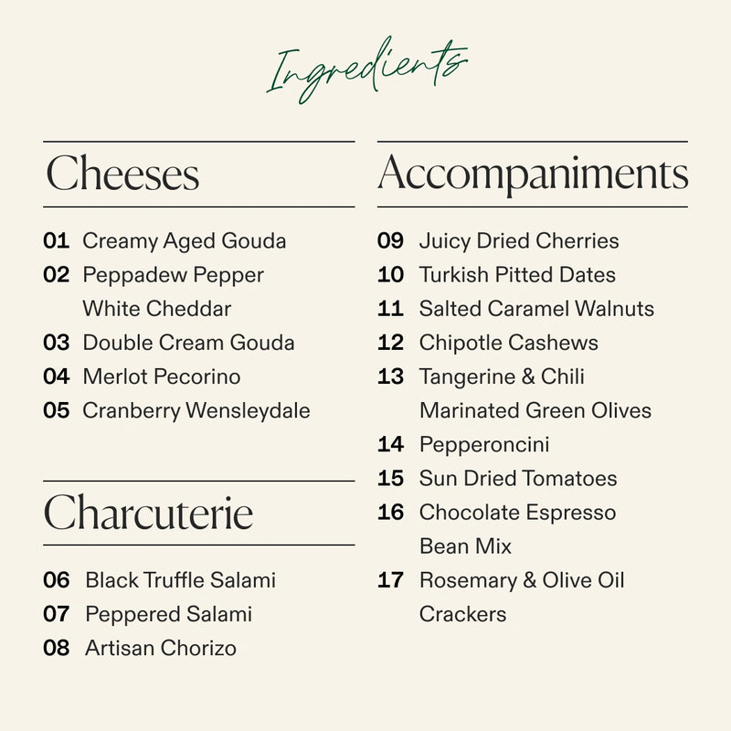 An ingredients of the Boarderie Classic Cheese & Charcuterie Board with three sections: Cheeses, Accompaniments, and Charcuterie. 