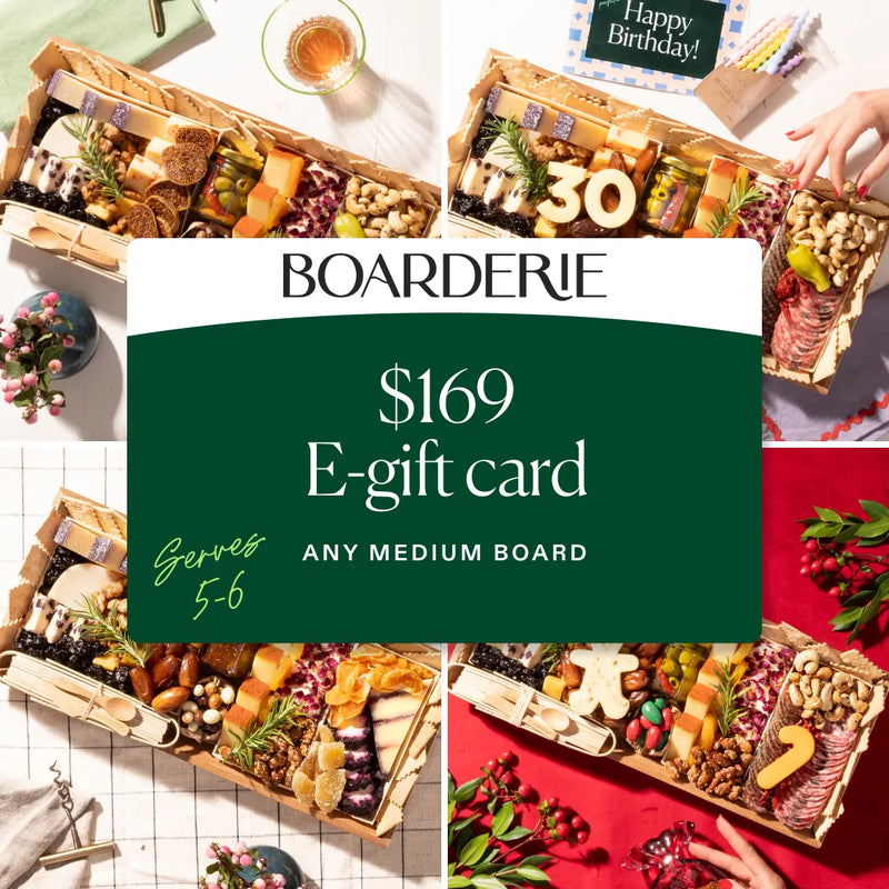 Boarderie $169 e-gift card for any medium charcuterie board serving 5-6.