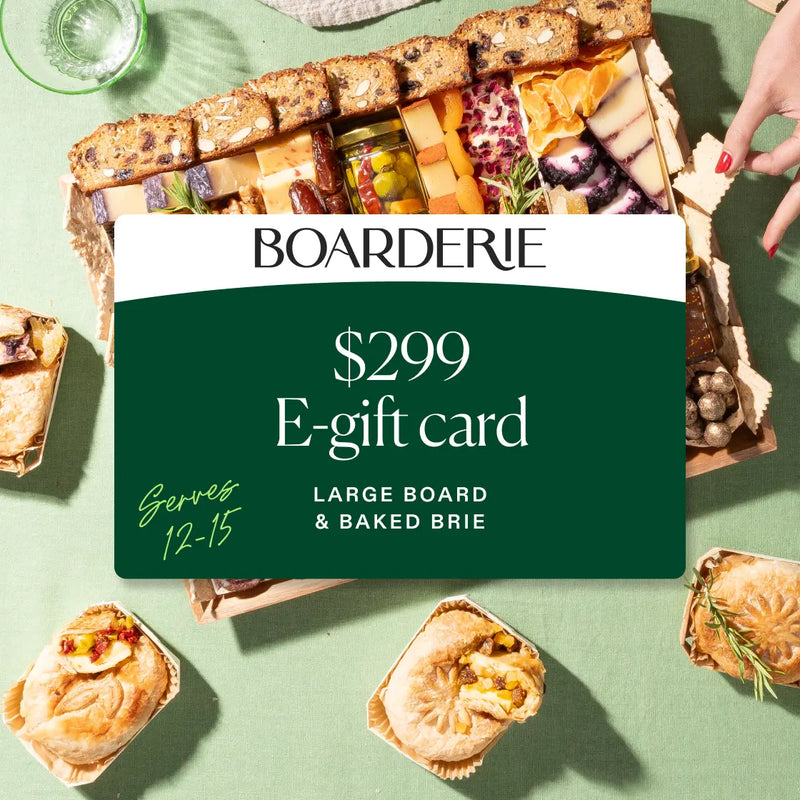 Boarderie $299 e-gift card for a large charcuterie board and baked brie serving 12-15.