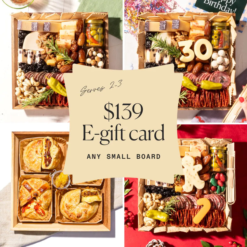 Collage of small charcuterie boards and pastries with an e-gift card promotion for $139.