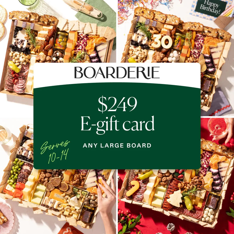Boarderie $249 e-gift card for any large charcuterie board serving 10 to 14.