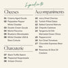 An ingredients list graphic organizing into categories: Cheeses, Accompaniments, and Charcuterie, listing various cheese, fruit, nut, and cured meat options.