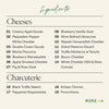 An ingredients list graphic for a cheese and charcuterie board, featuring a curated selection of cheeses and cured meats. 