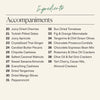 A graphic titled 'Ingredients' with a list of accompaniments on the board including food items such as cherries, dates, apricots, ginger, walnuts, almonds, cashews, dried tangerines, pepperoncini, sun dried tomatoes, figs, chocolate, and crackers. 