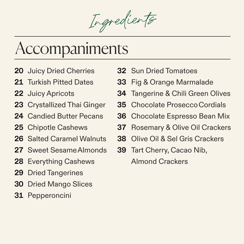 A graphic titled 'Ingredients' with a list of accompaniments on the board including food items such as cherries, dates, apricots, ginger, walnuts, almonds, cashews, dried tangerines, pepperoncini, sun dried tomatoes, figs, chocolate, and crackers. 