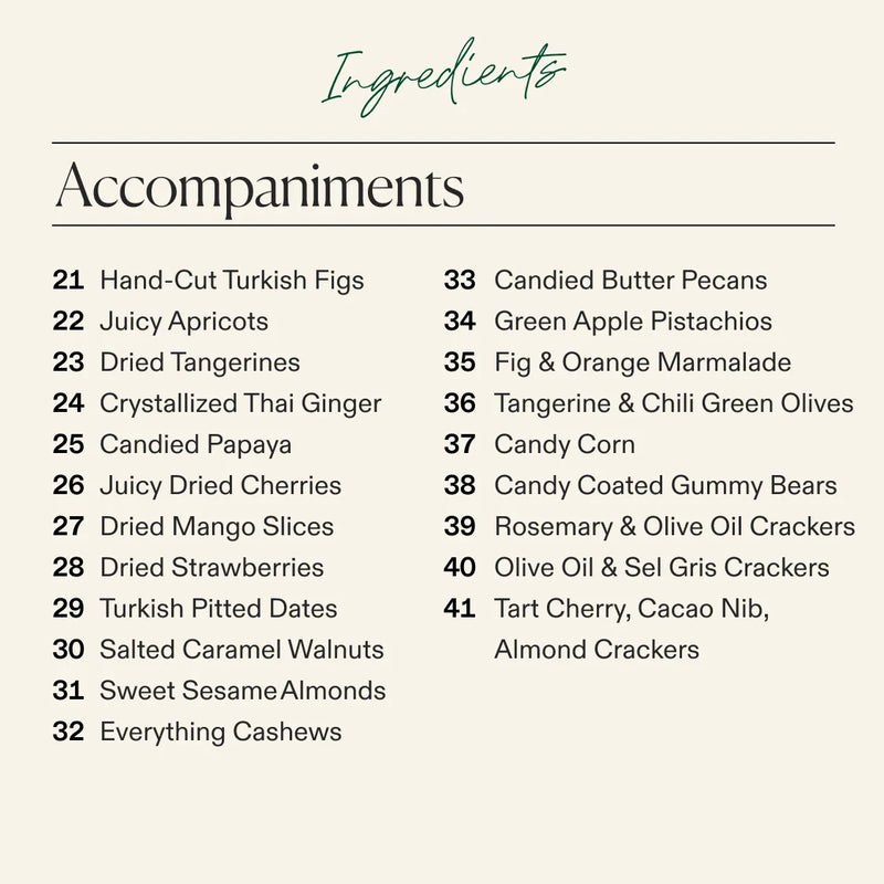 A beige ingredients and accompaniments list with black text and a teal 'Ingredients' heading.