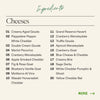 A digital ingredients list for cheeses on a light beige background, with the heading 'Ingredients' and a subheading 'Cheeses'. The list is numbered 01 to 20 with various cheddar, gouda, brie, and cranberry cheese varieties.