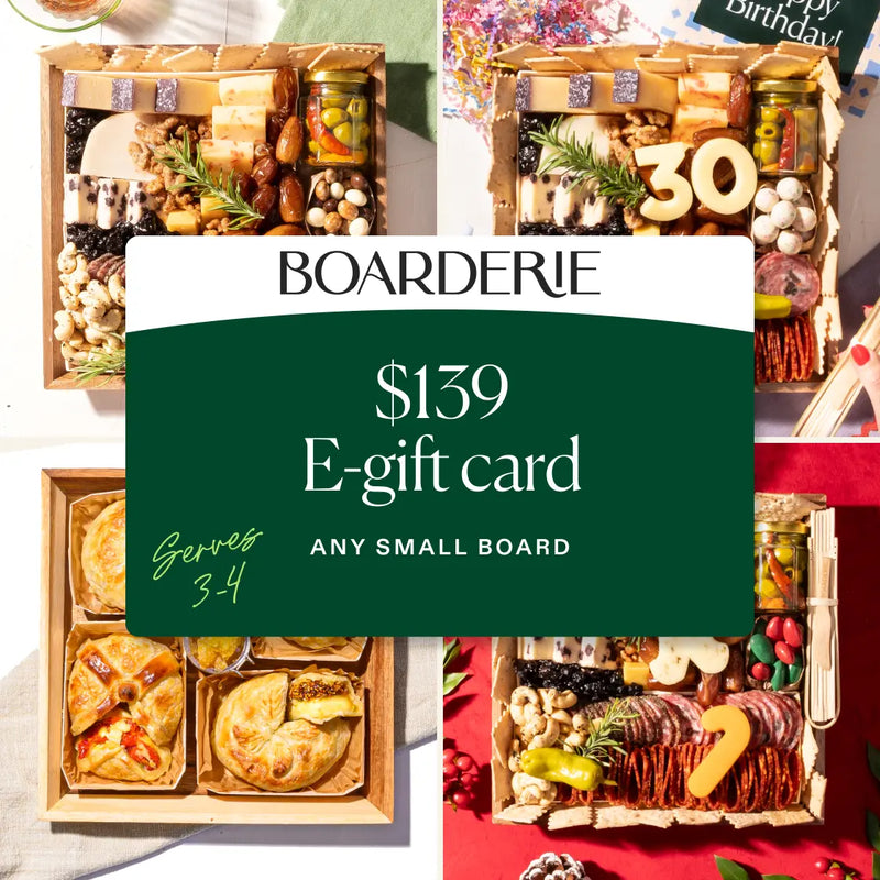 Boarderie $139 e-gift card for any small charcuterie board, serving 3 to 4.