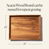Wooden tray with dimensions labeled on a beige background. The large acacia wood board is 13 inches high and 17 inches wide.