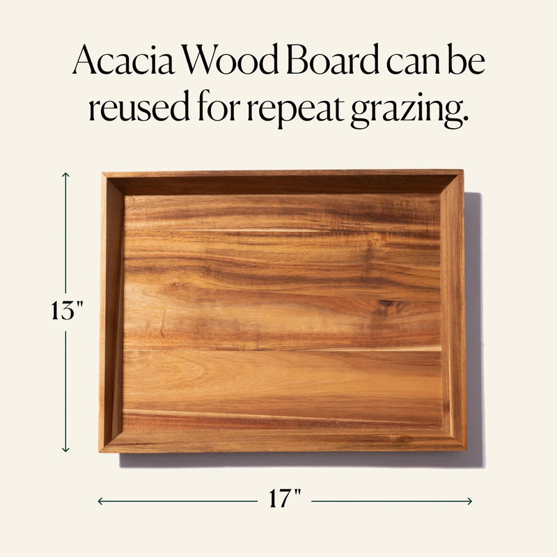 Wooden tray with dimensions labeled on a beige background. The large acacia wood board is 13 inches high and 17 inches wide.