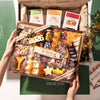 New Years party charcuterie gift set with wooden board containing cheeses, cured meats, nuts, olives, star-shaped cheese, 2026 numeral, and three Boarderie cracker boxes.